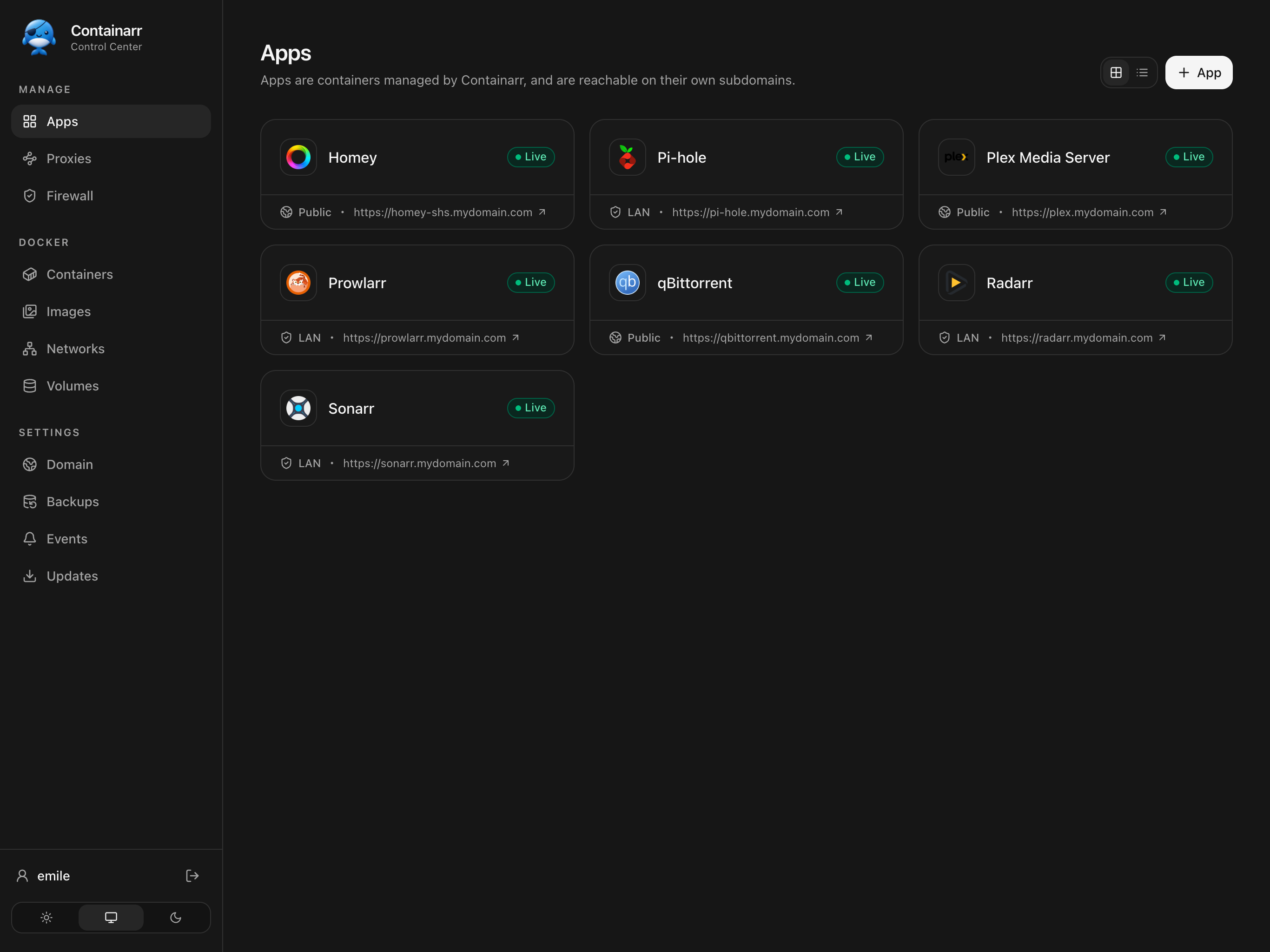 Containarr desktop control center showing installed apps