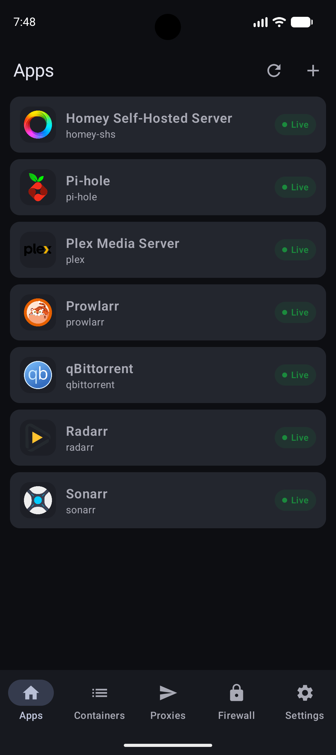 Containarr Android app showing installed apps in dark mode
