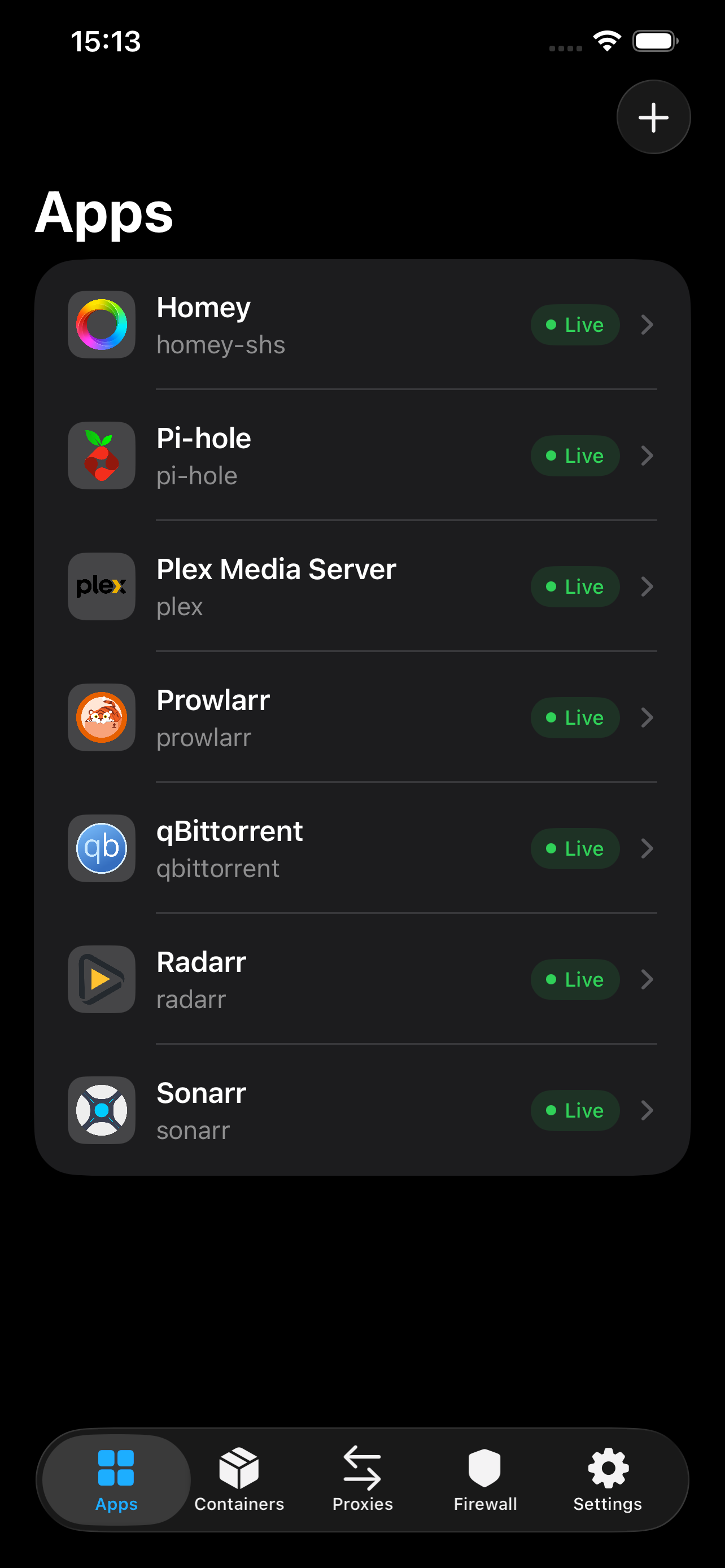 Containarr iOS app showing installed apps in dark mode